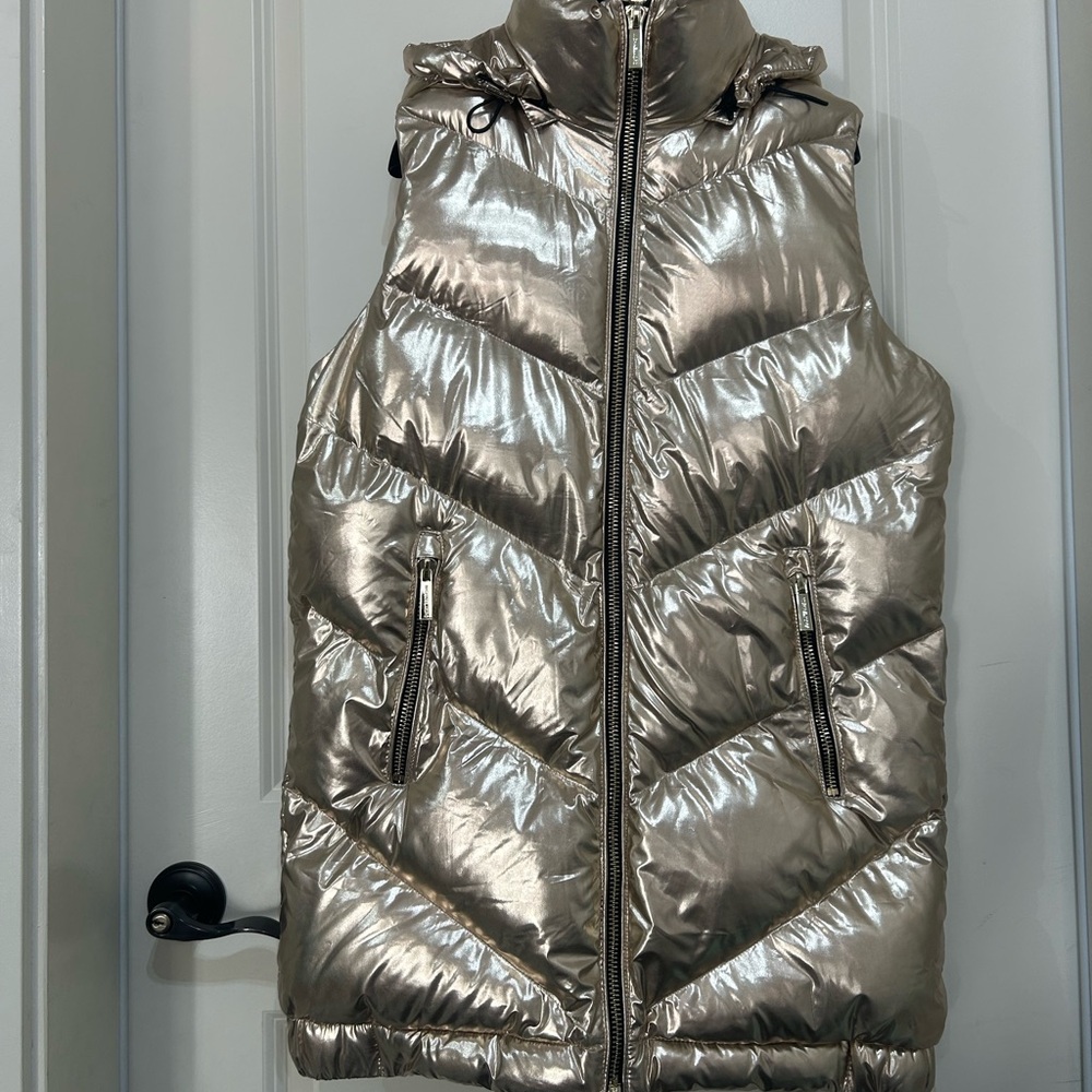NWT Michael Kors Ciré Shine Hooded Long Puffer Vest Jacket Coat Gold XS $275